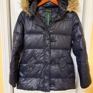 Lauren Ralph Lauren Navy Puffer Jacket with Faux Fur Hood XS